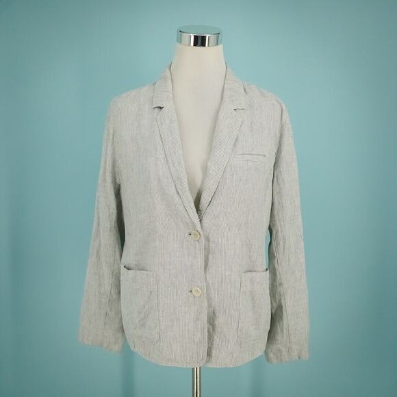 Eileen Fisher Size Large L Blue Stripe Button Hemp Organic Cotton Blazer Jacket - Picture 1 of 5